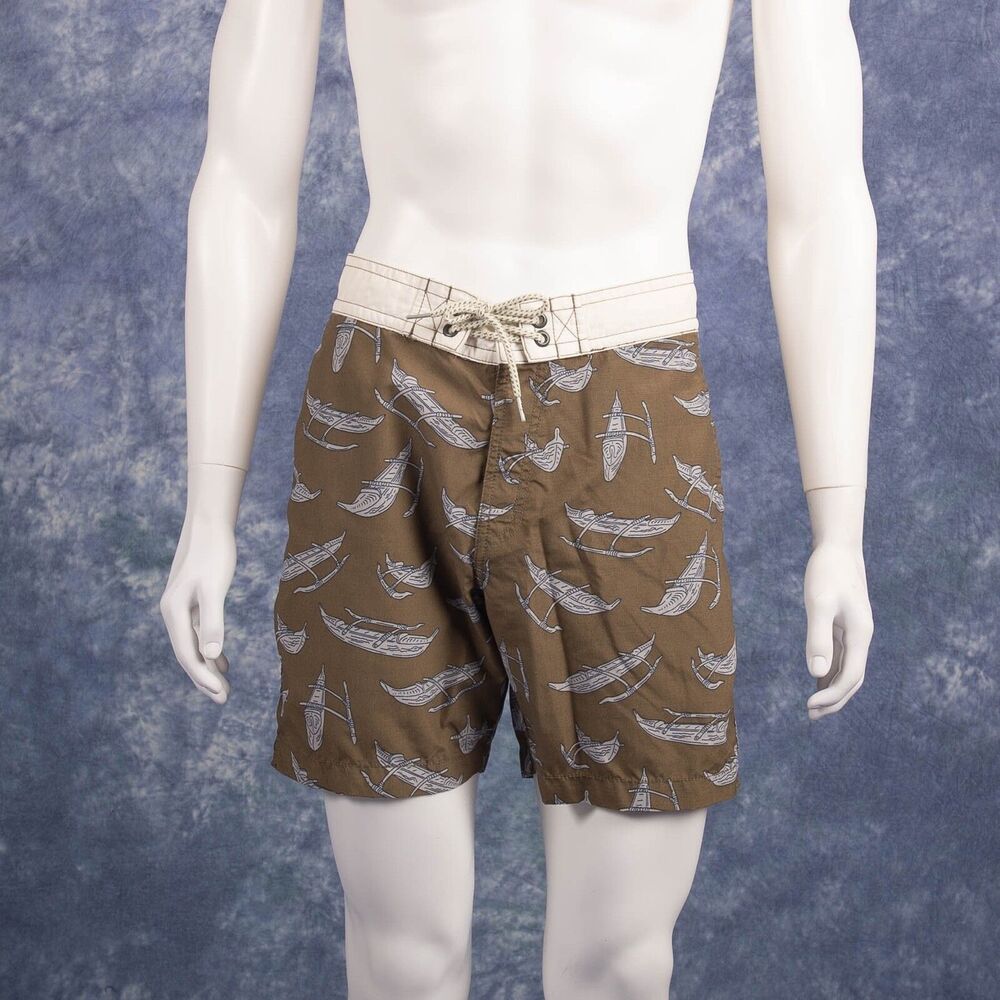 Reyn Spooner Dietrich Varez Outrigger Board Shorts Sz 30 Tan Blue Hawaiian